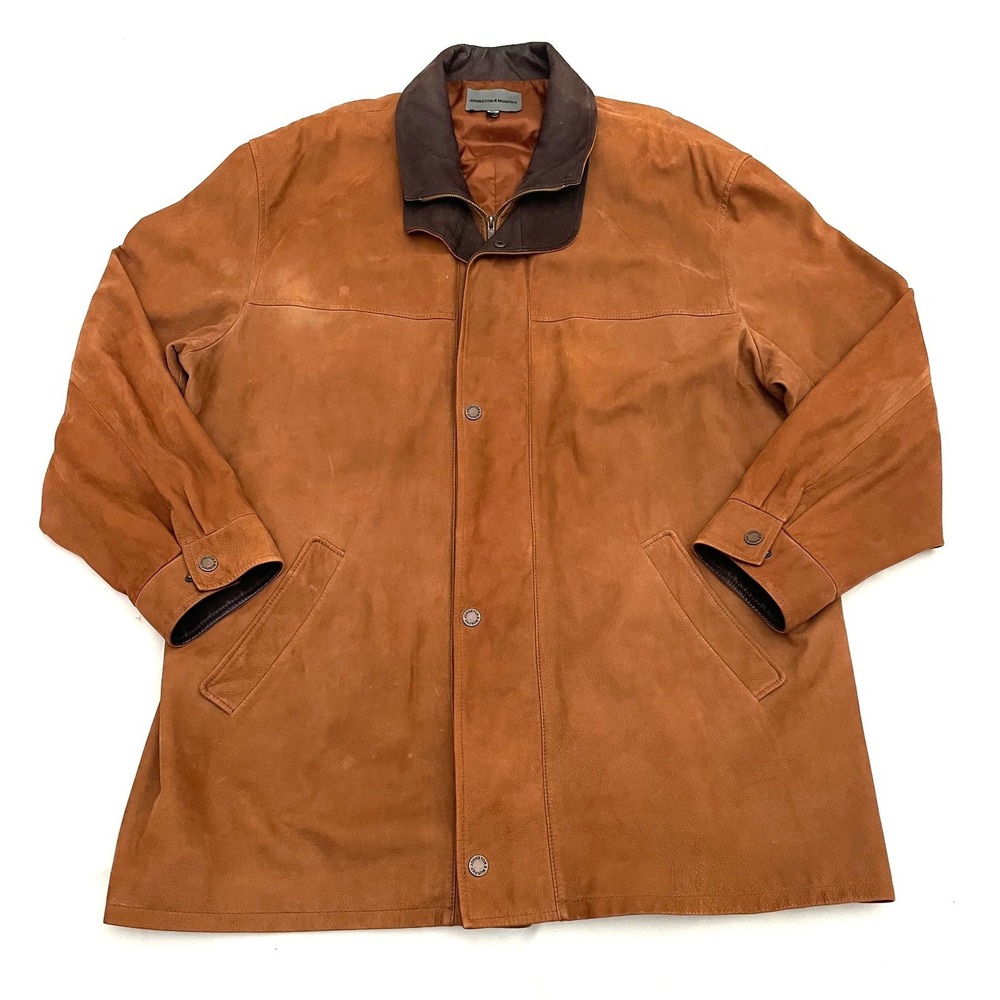 Johnston & Murphy Leather Coat Mens XXL Brown Suede Full Zip Button Jacket